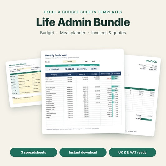 Life Admin Bundle – Budget, Meal Planner & Invoice Templates (Excel & Google Sheets)
