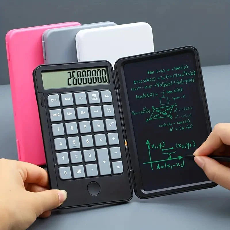 LCD writing calculator with built-in digital notepad for calculations and note-taking