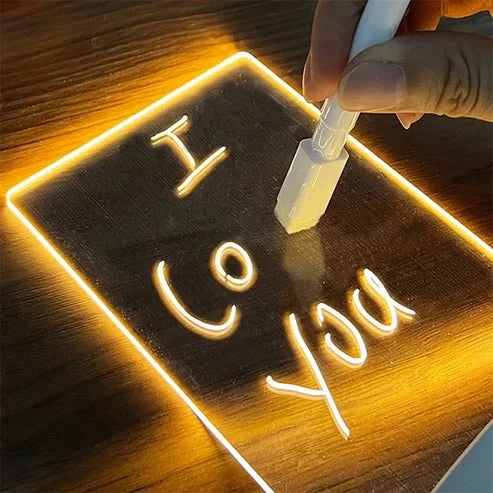 LED glow message board with illuminated surface and reusable design for notes and sketches