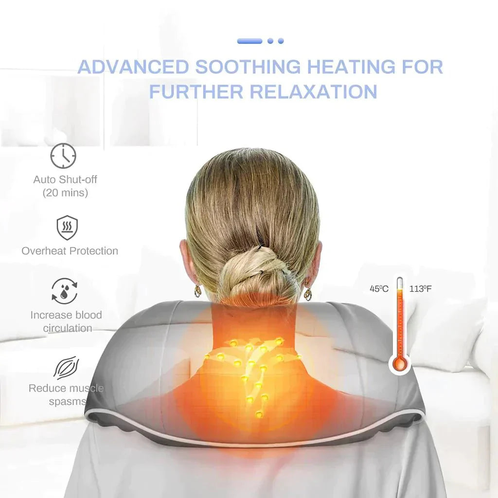 Shiatsu neck and shoulder massager with heat, deep-kneading nodes, comfortable wrap design, cordless and rechargeable for muscle relief