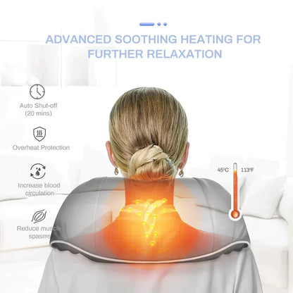 Shiatsu neck and shoulder massager with heat, deep-kneading nodes, comfortable wrap design, cordless and rechargeable for muscle relief