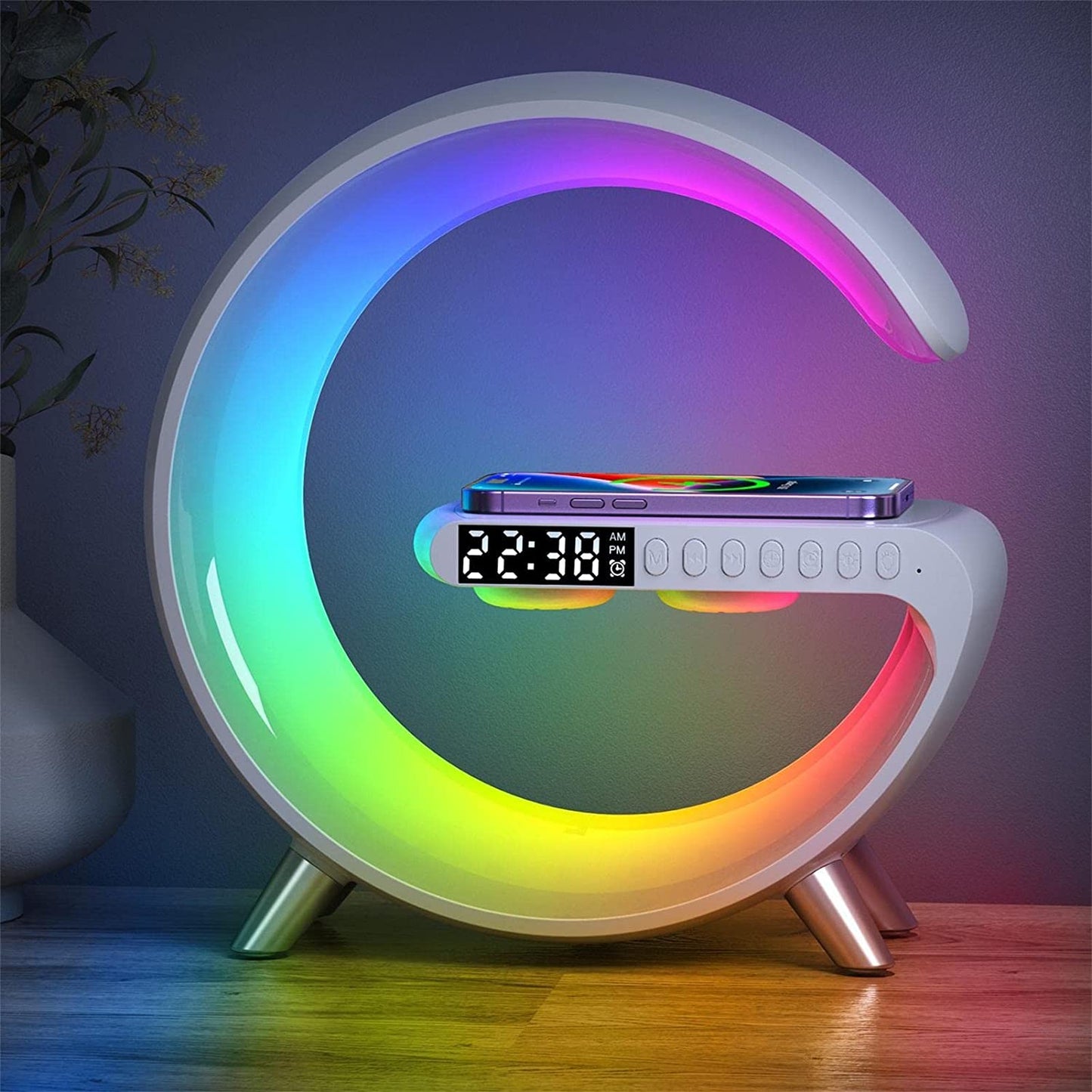 Wireless charging LED desk lamp with adjustable brightness and built-in Qi charging pad on modern desk