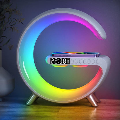 Wireless charging LED desk lamp with adjustable brightness and built-in Qi charging pad on modern desk